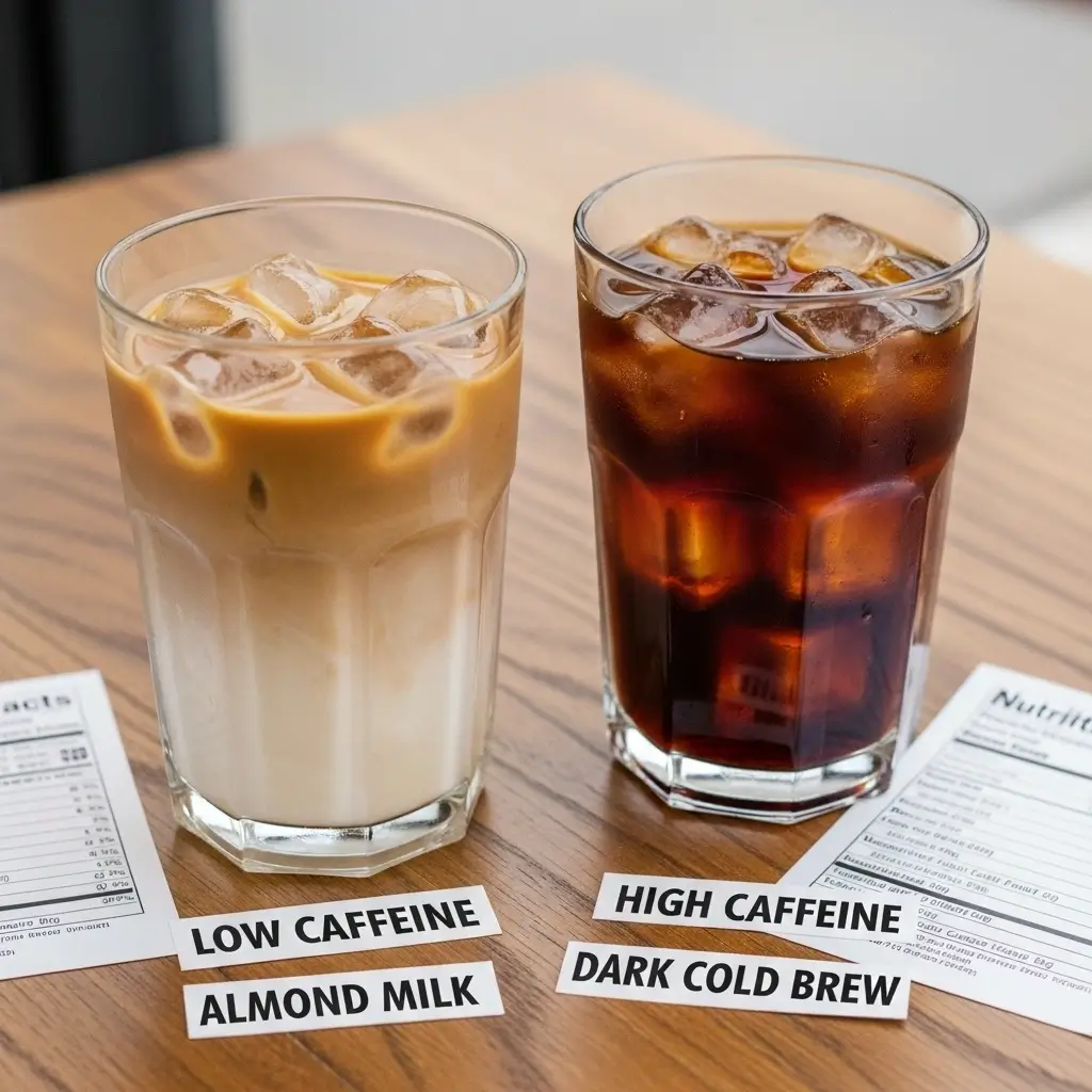 Two iced coffee drinks labeled low and high caffeine with nutrition cards on a wooden table