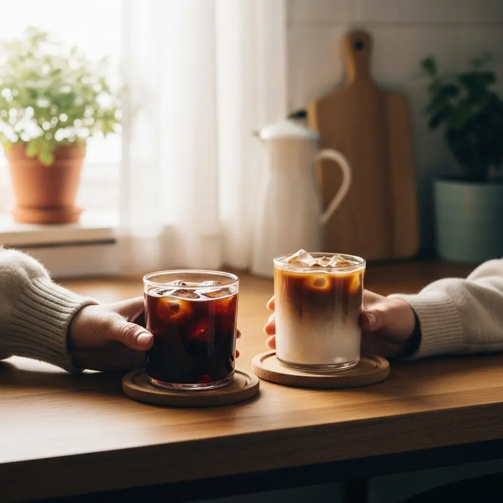 Two iced coffee drinks on a wooden table with a hand reaching for one