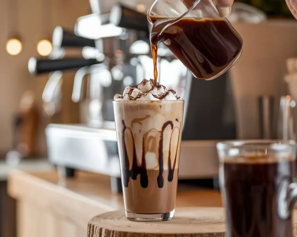Mocha iced coffee with whipped cream and chocolate drizzle being poured by a barista