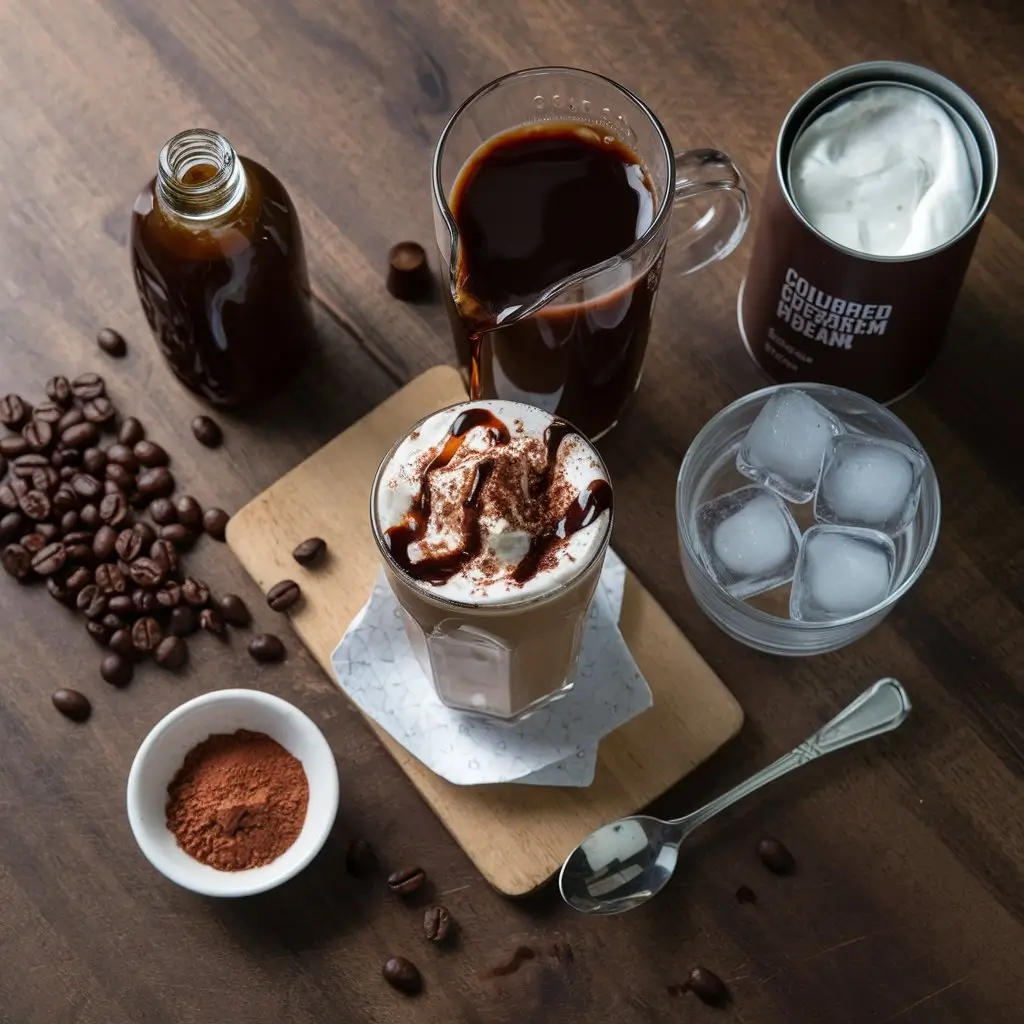 Mocha iced coffee ingredients arranged on a wooden table in a flat lay style