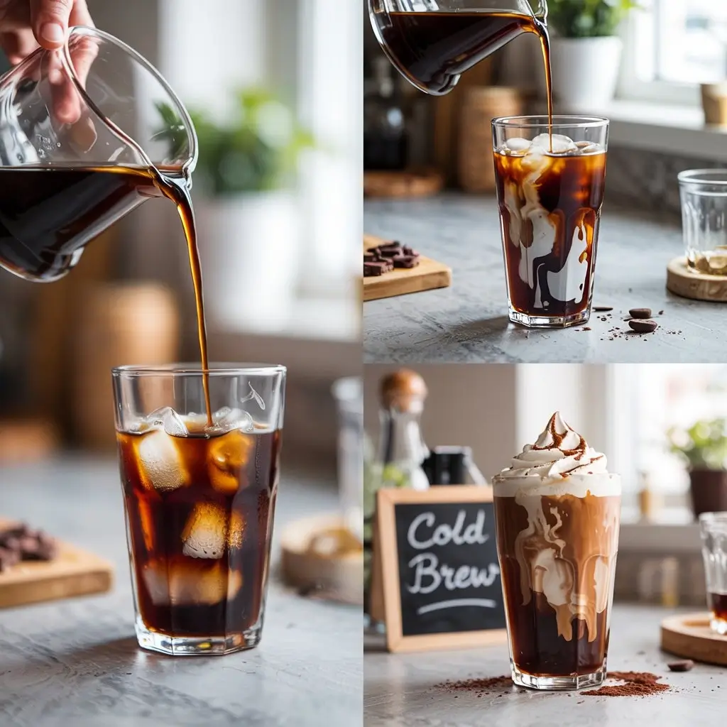 Step-by-step assembly of mocha iced coffee with cold brew, chocolate syrup, and whipped cream
