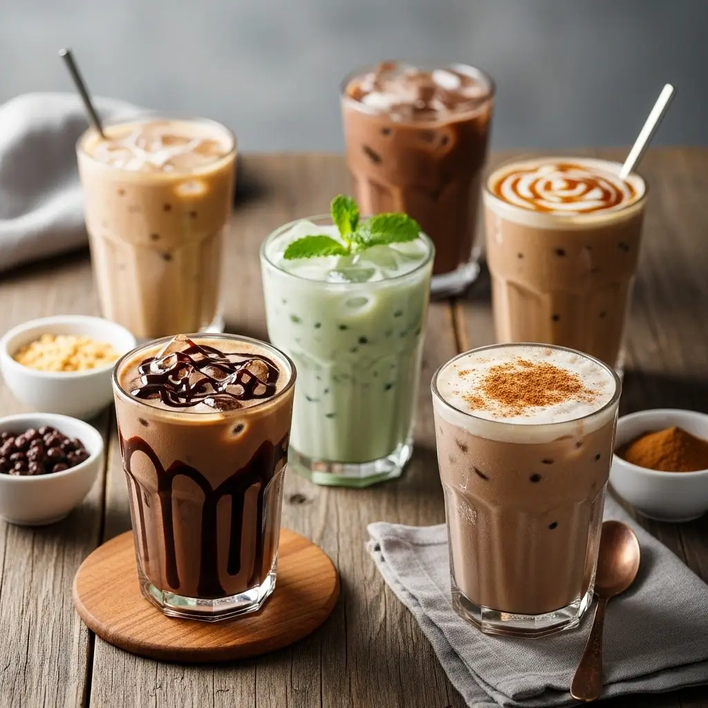 Different mocha iced coffee drinks with chocolate, mint, caramel, and cinnamon variations