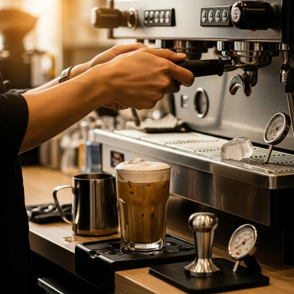 Barista fixing espresso machine with iced coffee and coffee tools on counter