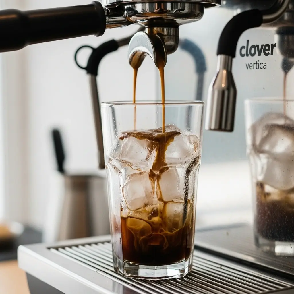 Clover Vertica brewing iced coffee into a glass filled with ice cubes