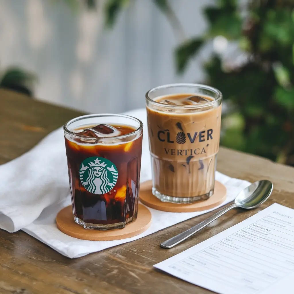Two glasses of iced coffee labeled Starbucks and Clover Vertica side by side on a table