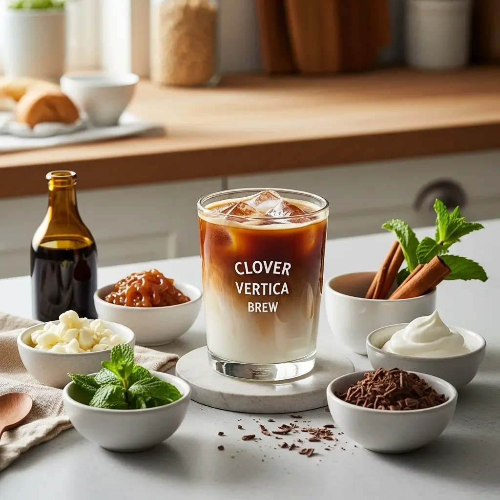 Iced Clover Vertica coffee with various flavor add-ons like vanilla syrup, caramel, and cinnamon