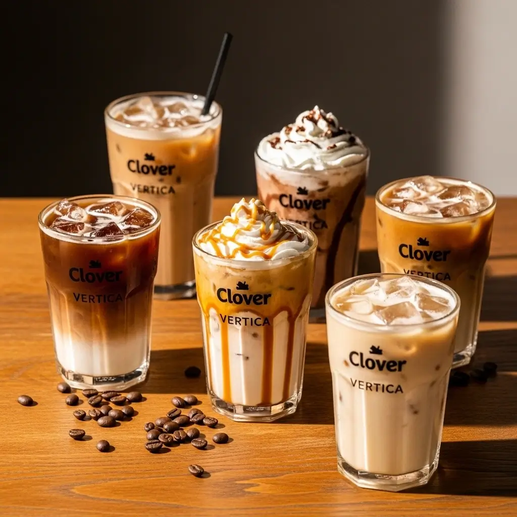 Multiple iced coffee recipes made with Clover Vertica displayed on a wooden table