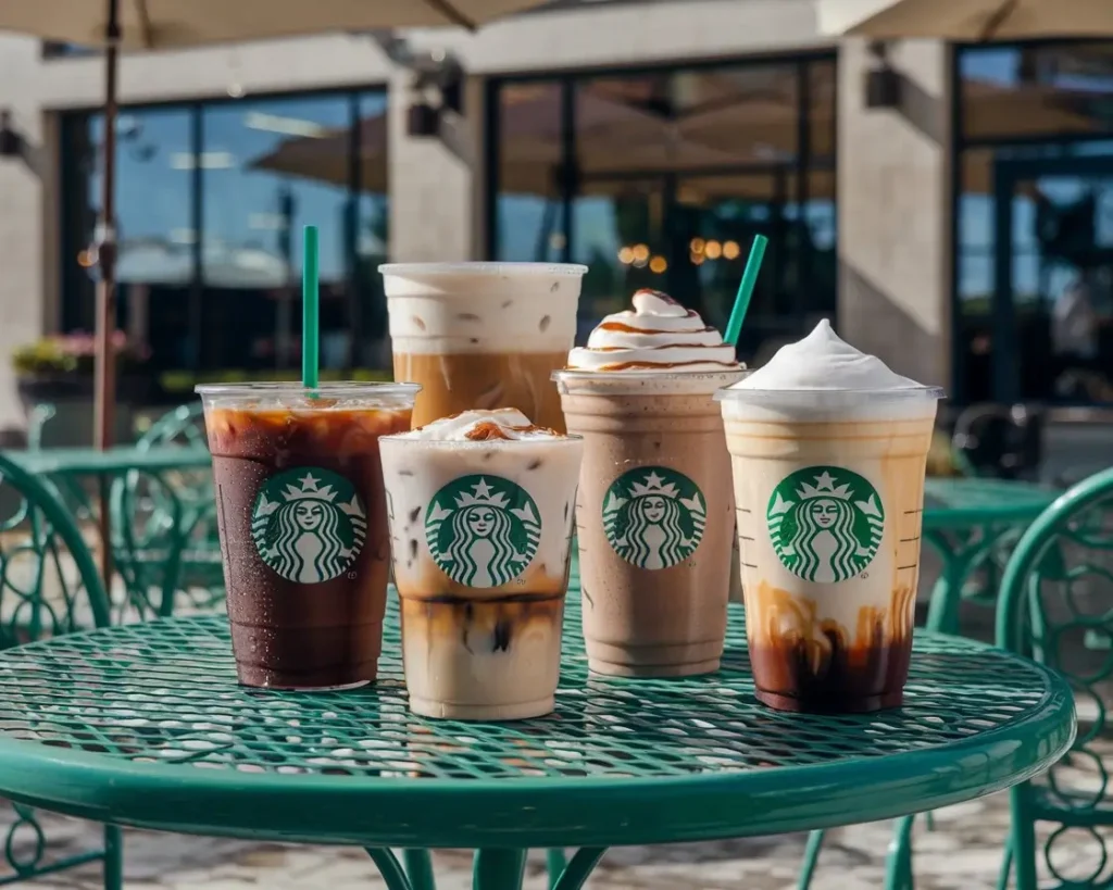 Variety of Starbucks iced coffee drinks with condensation on cups at a café table