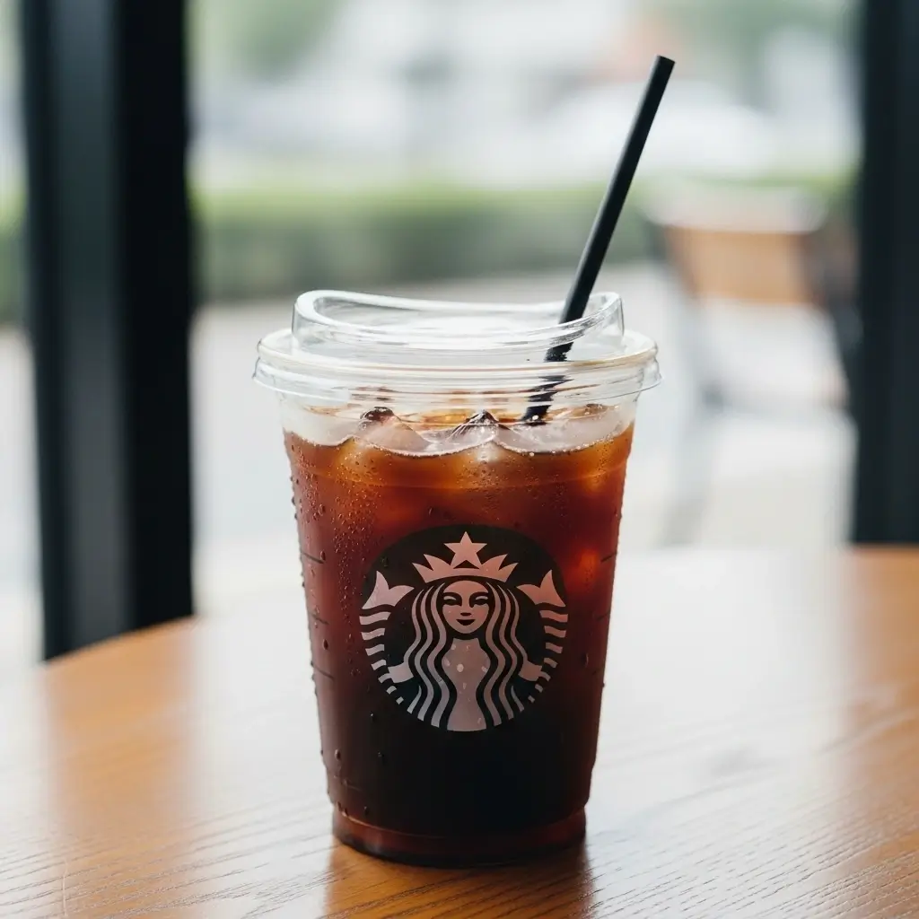 Starbucks classic iced coffee in a clear plastic cup with ice cubes and condensation