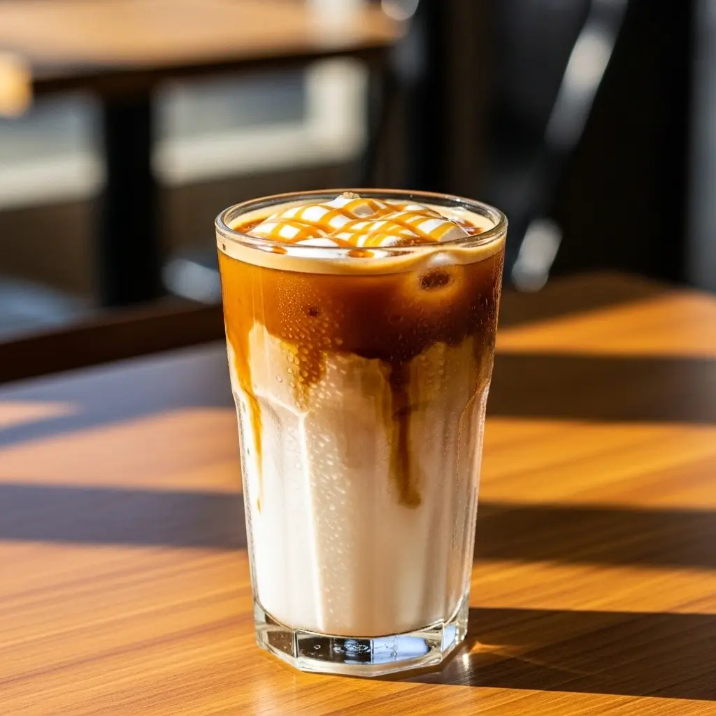 Iced caramel macchiato with layered milk, espresso, and caramel drizzle in a clear glass