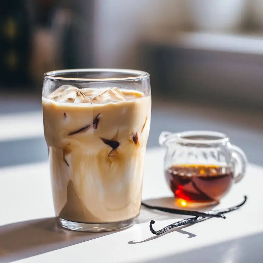 Iced vanilla latte in a clear glass with ice cubes and vanilla bean pods nearby