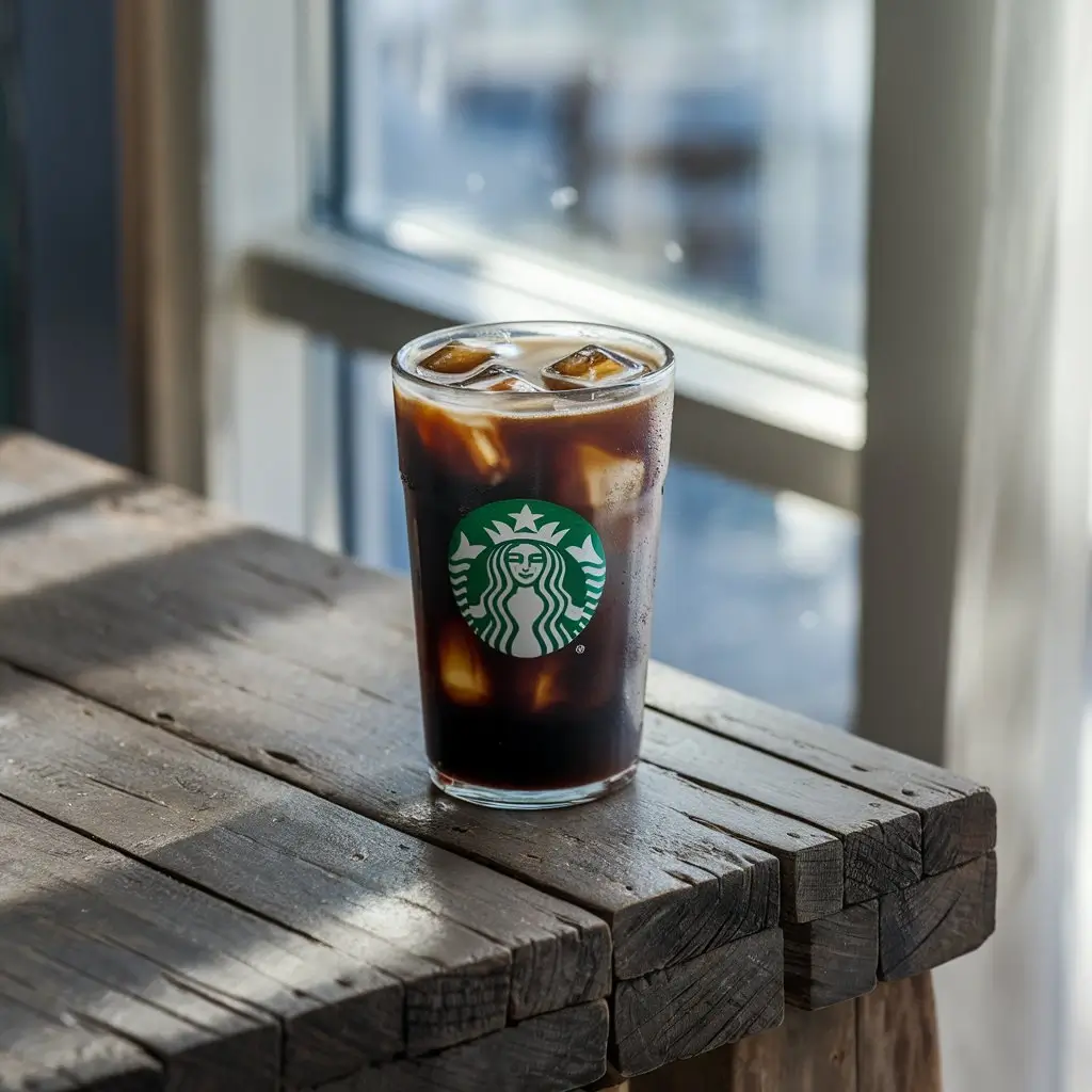 Starbucks cold brew coffee in a tall clear glass with ice cubes on a wooden table