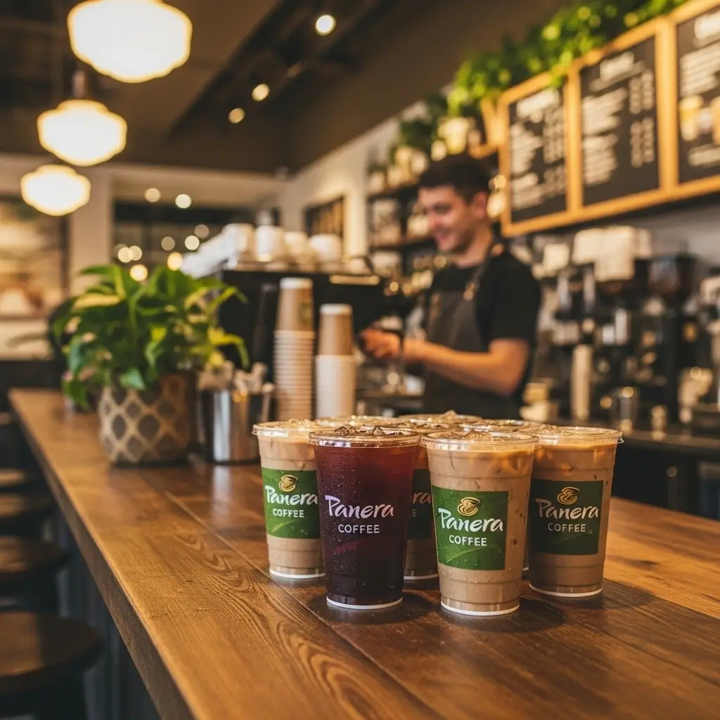 Panera iced coffee cups on a café counter with a barista preparing coffee in the background