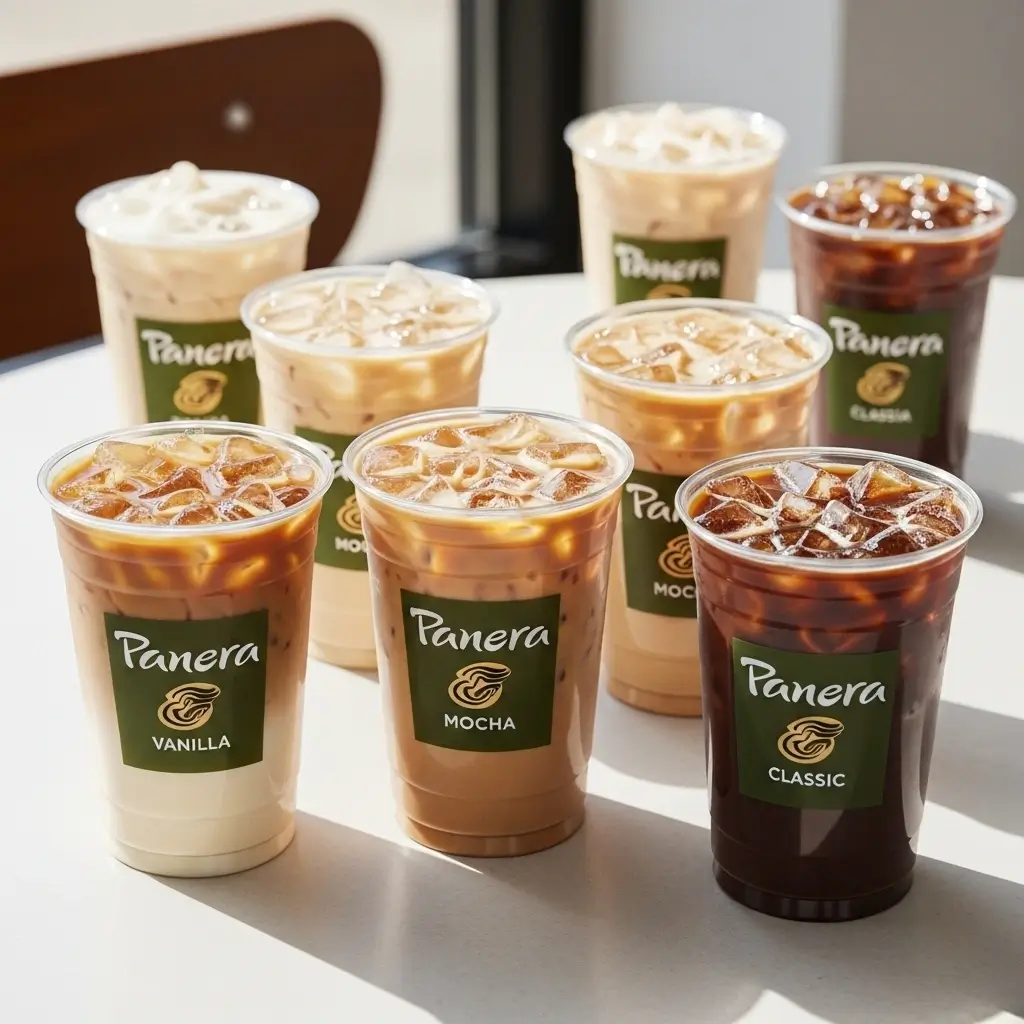 Various Panera iced coffee drinks with different flavors on a bright café table