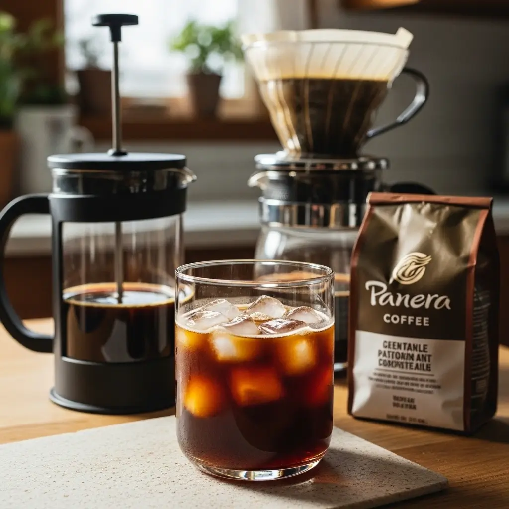 Homemade iced coffee in a glass with brewing tools in a warm kitchen setting