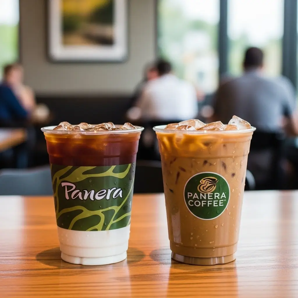 Panera iced coffee next to a competitor’s iced coffee cup on a wooden table