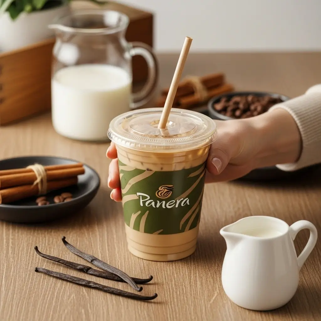 Hand holding a Panera iced coffee cup with coffee accessories on a wooden table