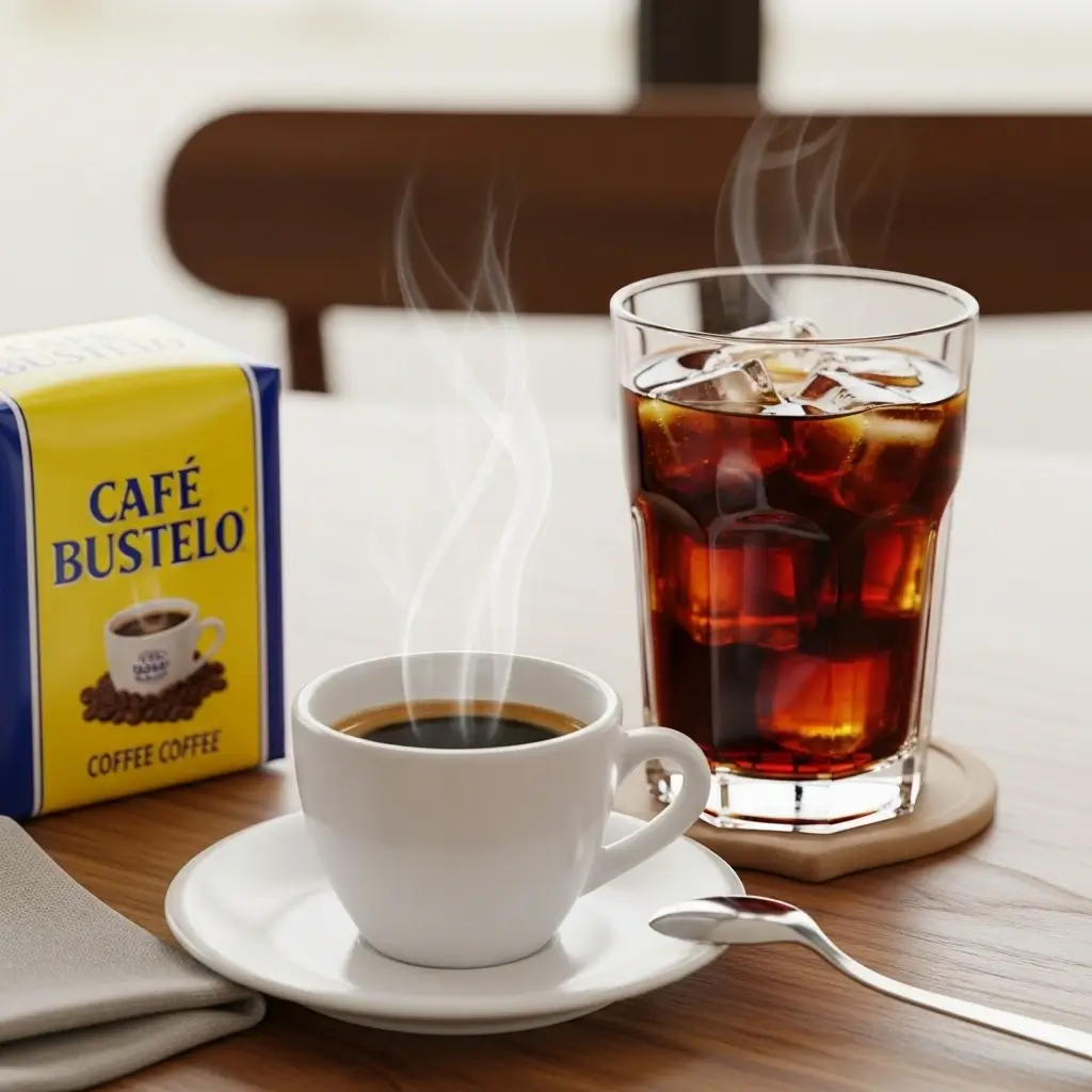 Steaming cup of Café Bustelo espresso next to a glass of iced coffee with ice cubes and coffee bag on wooden table