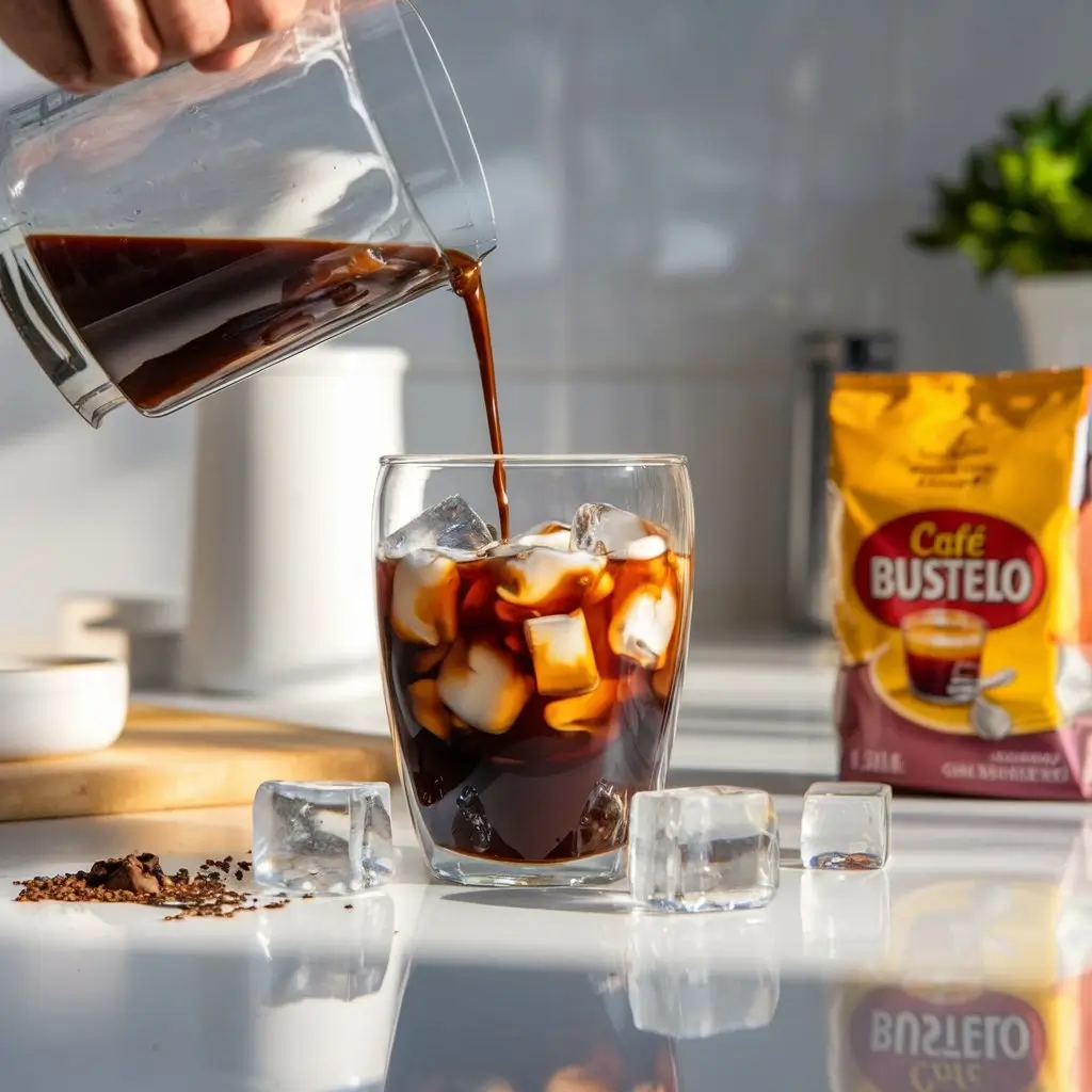 Homemade Café Bustelo iced coffee being poured over ice cubes on a kitchen counter