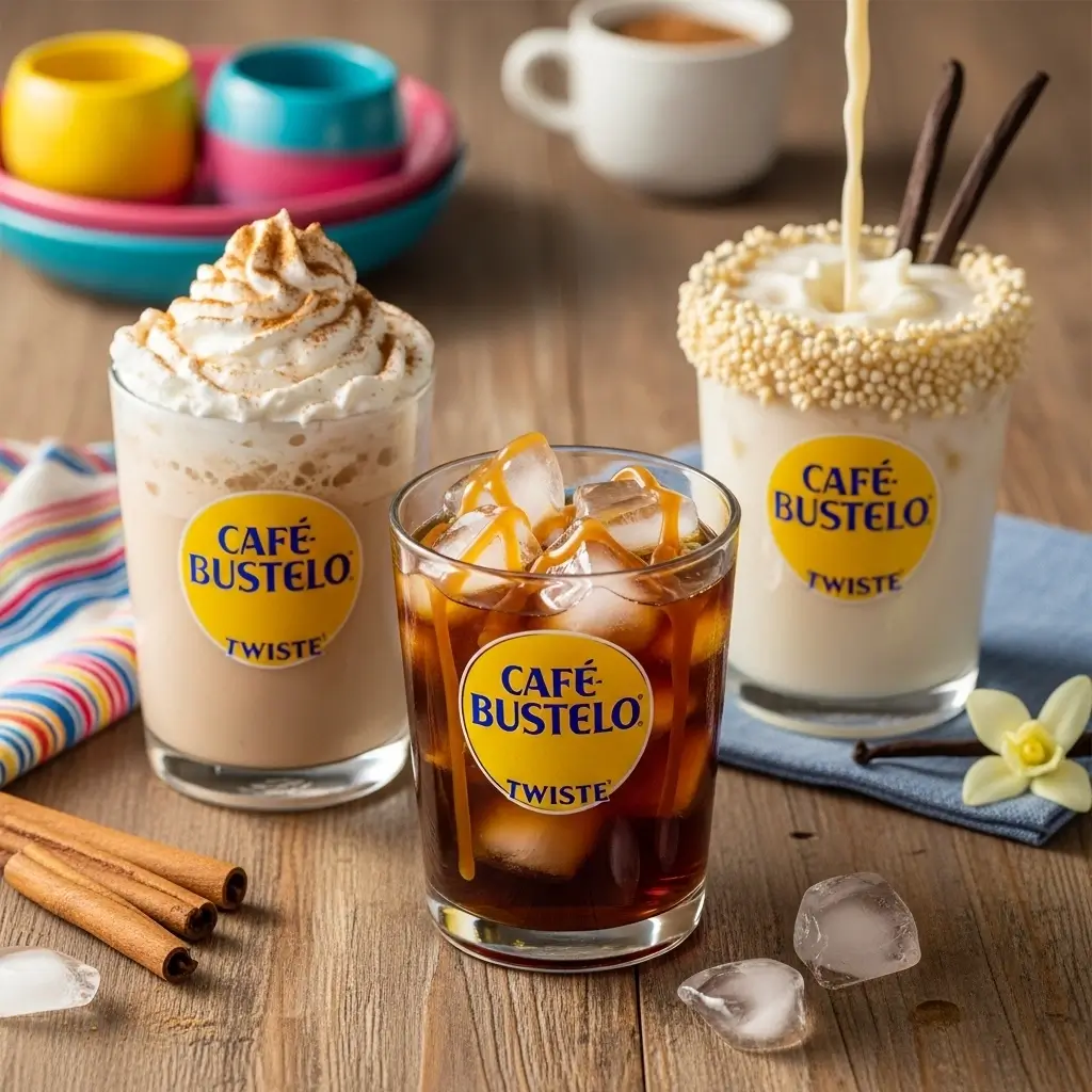 Three creative Café Bustelo iced coffee drinks with whipped cream, caramel drizzle, and vanilla milk on a wooden table