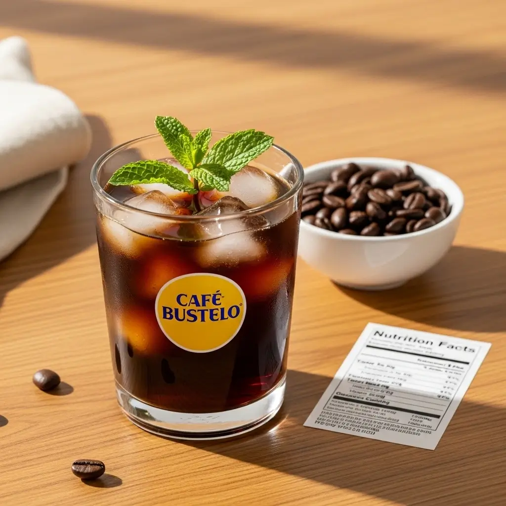 Glass of Café Bustelo iced coffee with ice cubes, coffee beans, and nutrition facts label on wooden table