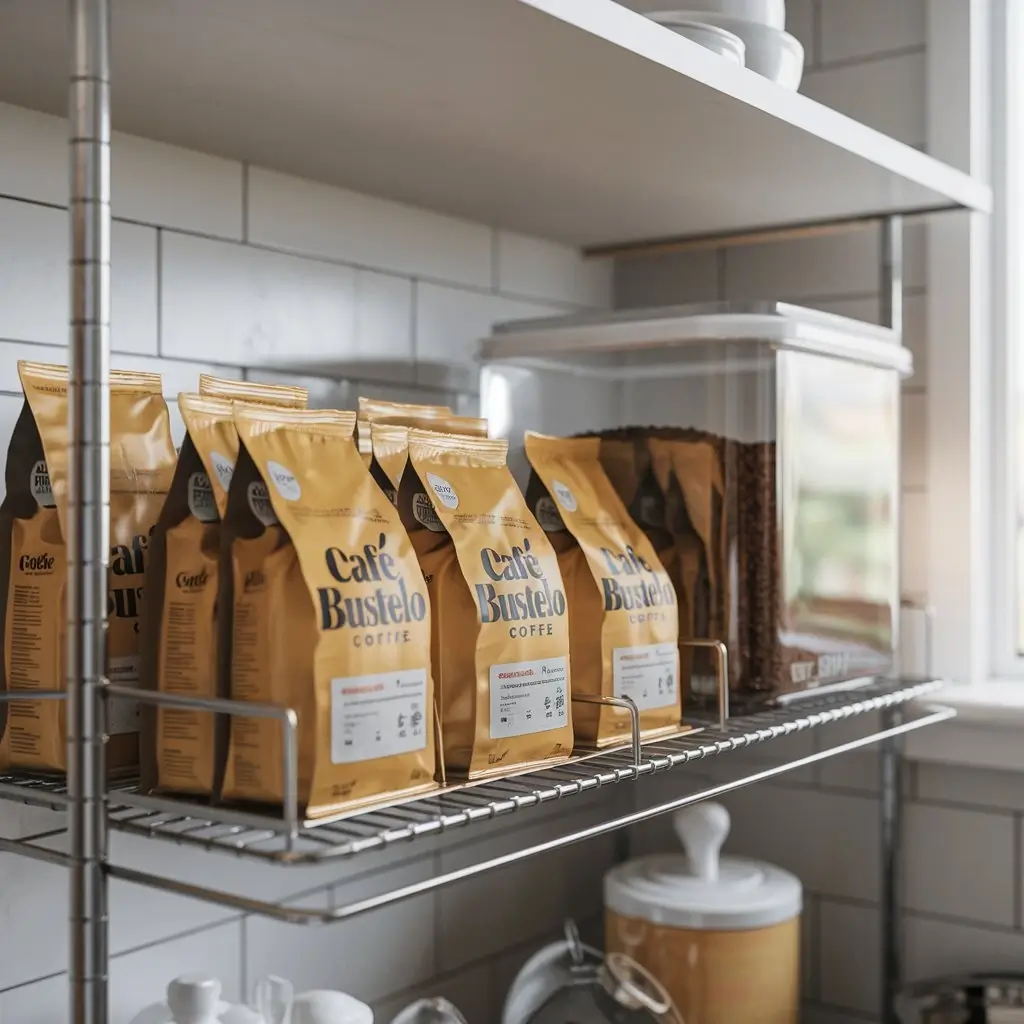 Kitchen shelf with sealed and open packages of Café Bustelo coffee and an airtight container for storage