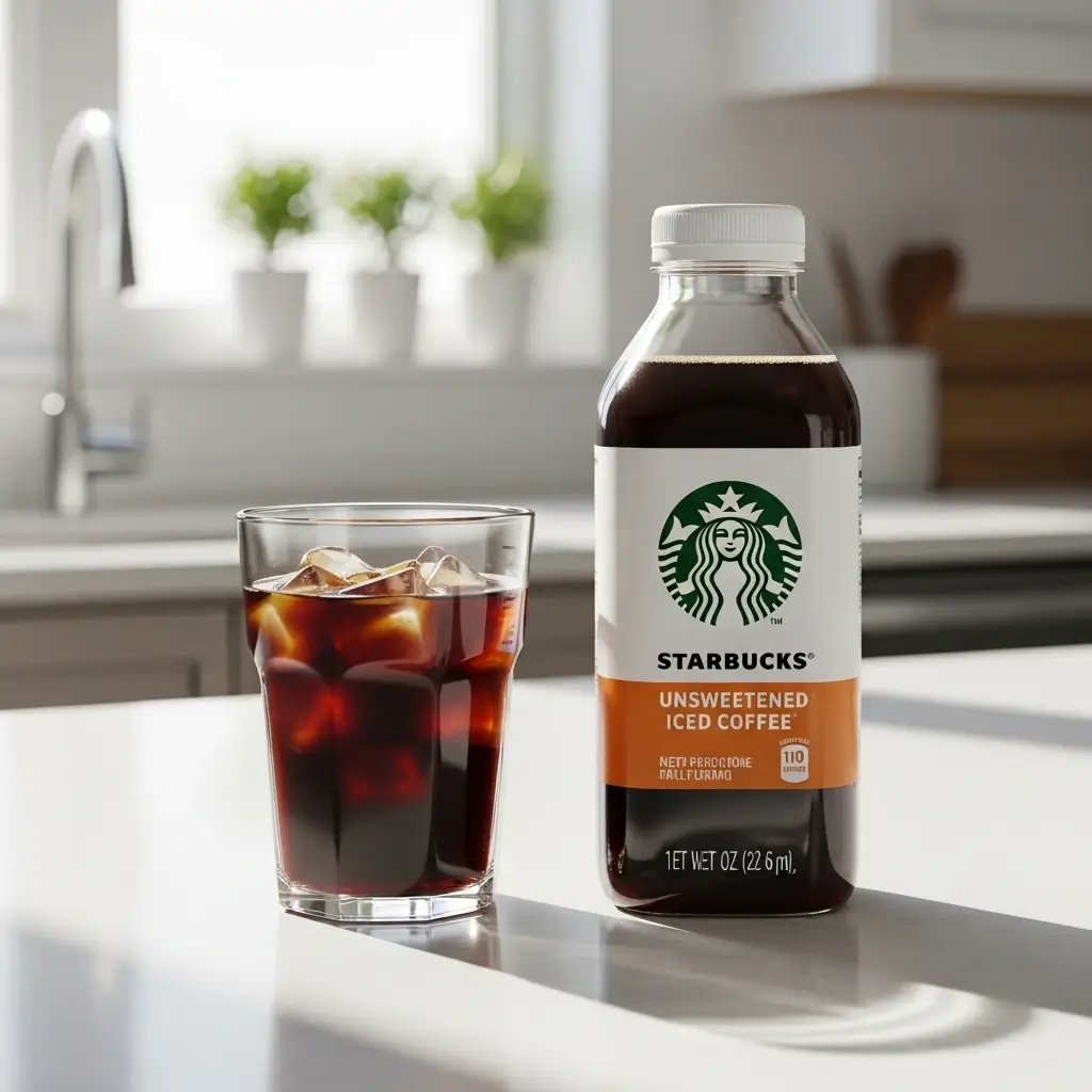Starbucks unsweetened iced coffee bottle next to a glass filled with iced coffee on a kitchen counter