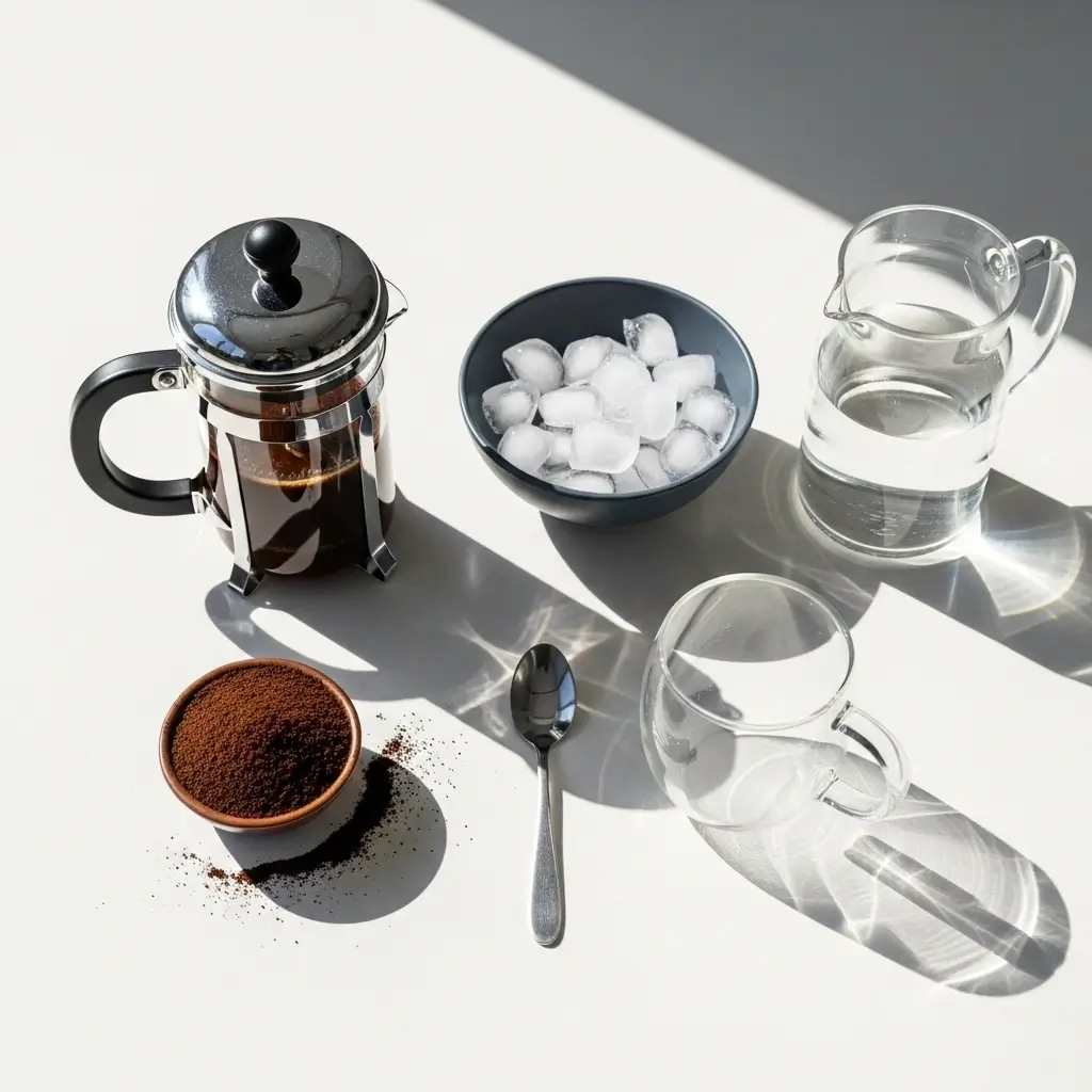 Flat lay of French press, ground coffee, ice cubes, and glass cup for making Starbucks-style unsweetened iced coffee