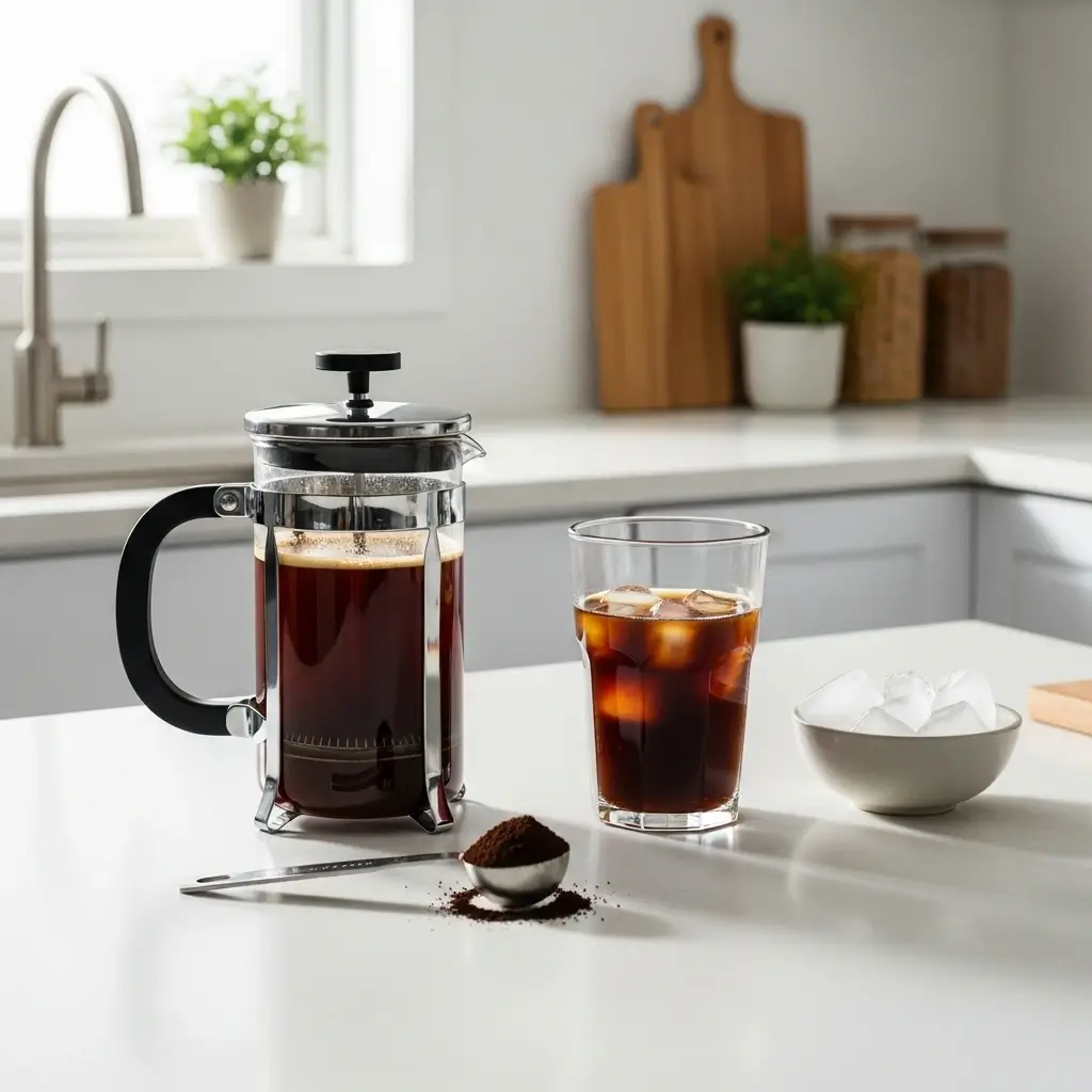 French press and ingredients on kitchen counter showing steps to brew Starbucks-style unsweetened iced coffee
