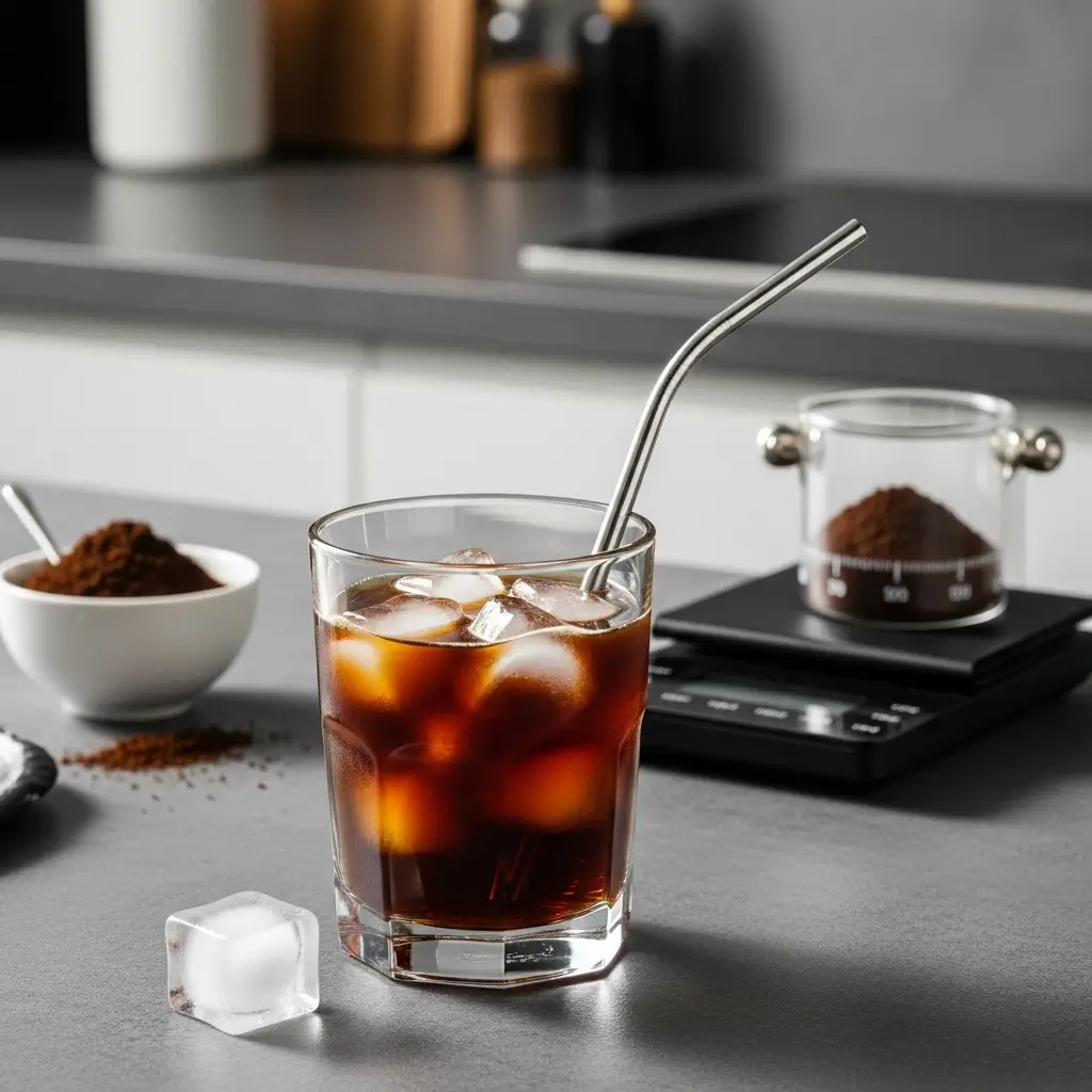 Advanced home setup for making better Starbucks-style unsweetened iced coffee with tools and glass