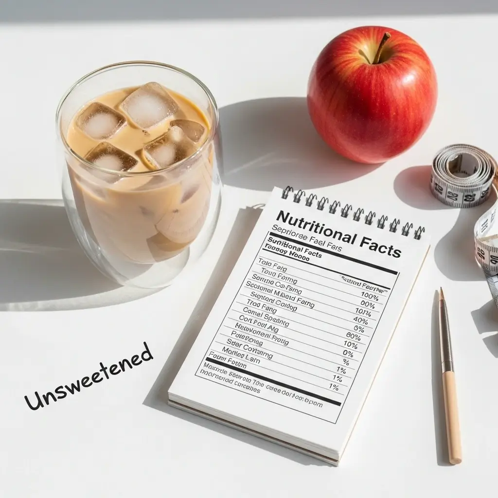 Unsweetened iced coffee with nutrition notes, apple, and measuring tape on a clean surface