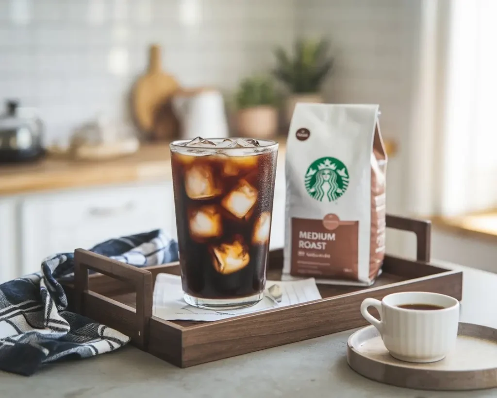 Glass of Starbucks-style medium roast iced coffee on a tray with coffee bag