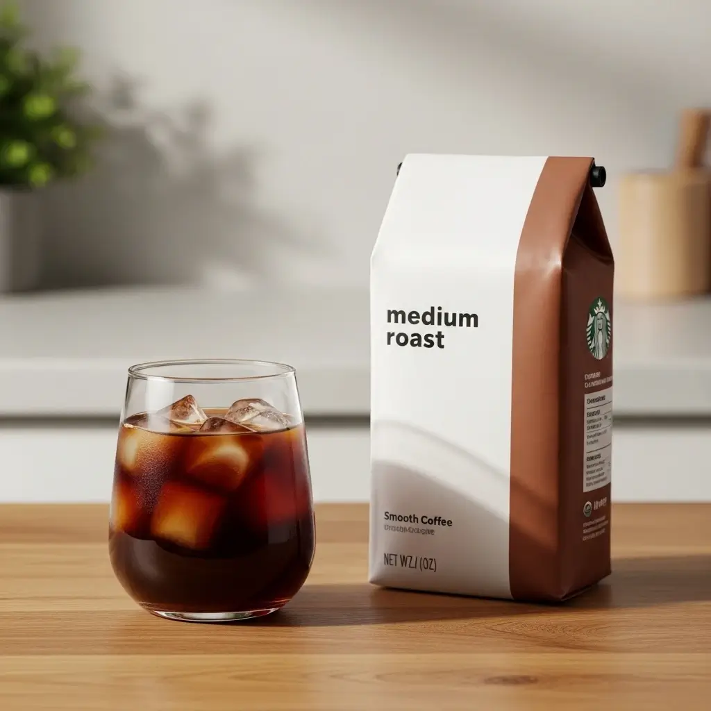 Starbucks medium roast iced coffee in a glass with labeled coffee bag on a wooden surface