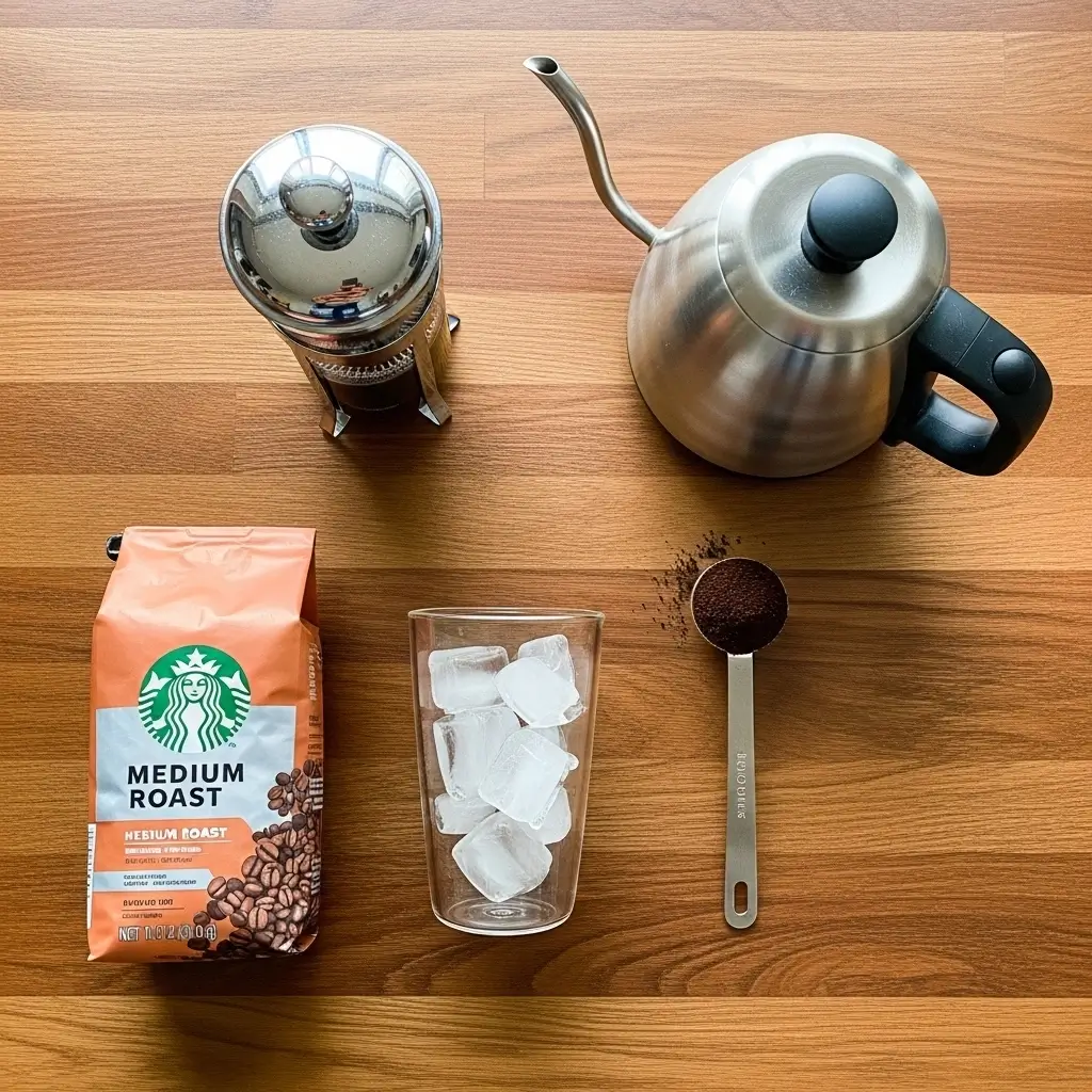 Flat lay of medium roast coffee bag, French press, ice-filled glass, and brewing tools on wooden countertop