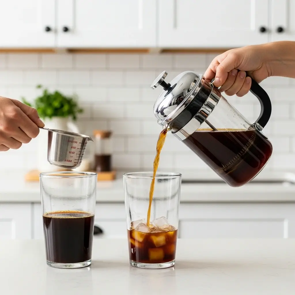 Step-by-step brewing process of Starbucks medium roast iced coffee with French press and ice glass