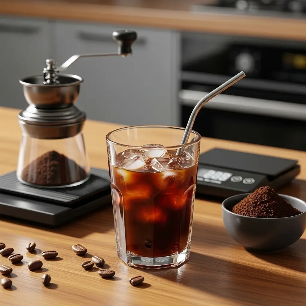 Close-up of iced medium roast coffee with brewing tools like grinder, scale, and timer on wooden table