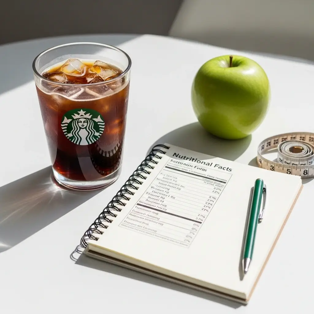 Glass of Starbucks medium roast iced coffee with nutritional notes, green apple, and measuring tape on white table