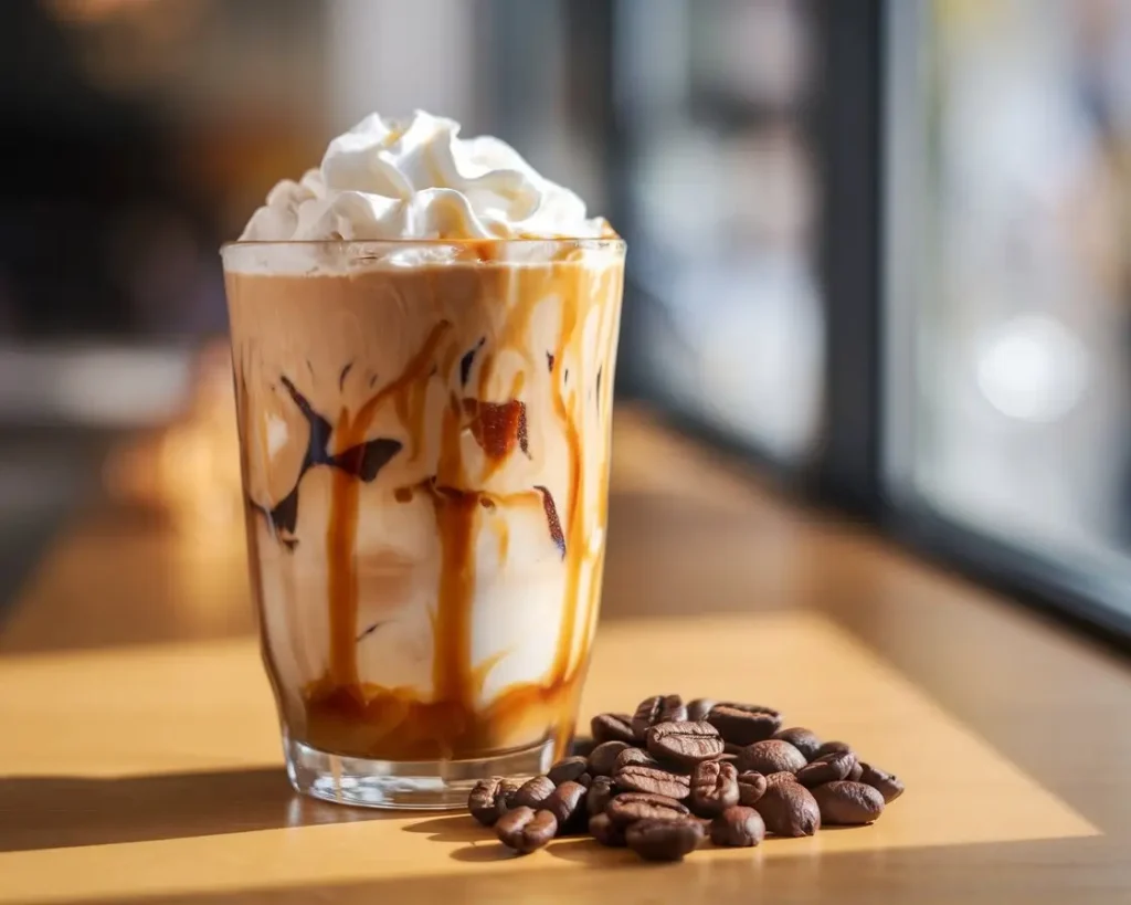 Glass of caramel iced coffee with whipped cream and caramel drizzle on wooden surface