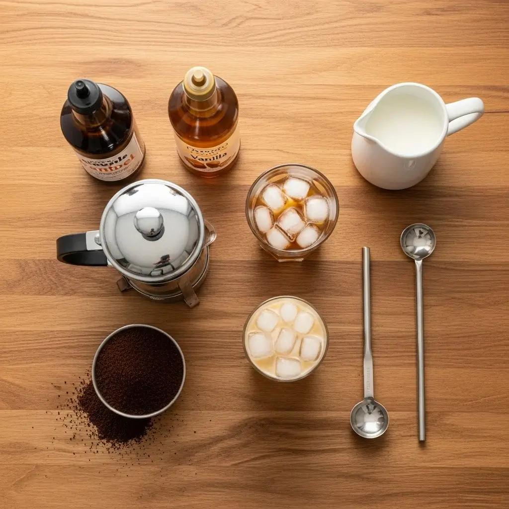 Flat lay of iced coffee ingredients and brewing tools on a wooden surface in natural light