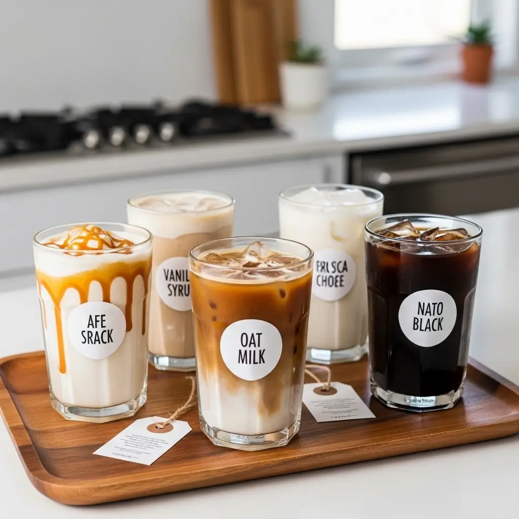 Various iced coffee glasses with different flavors and customizations on a wooden tray