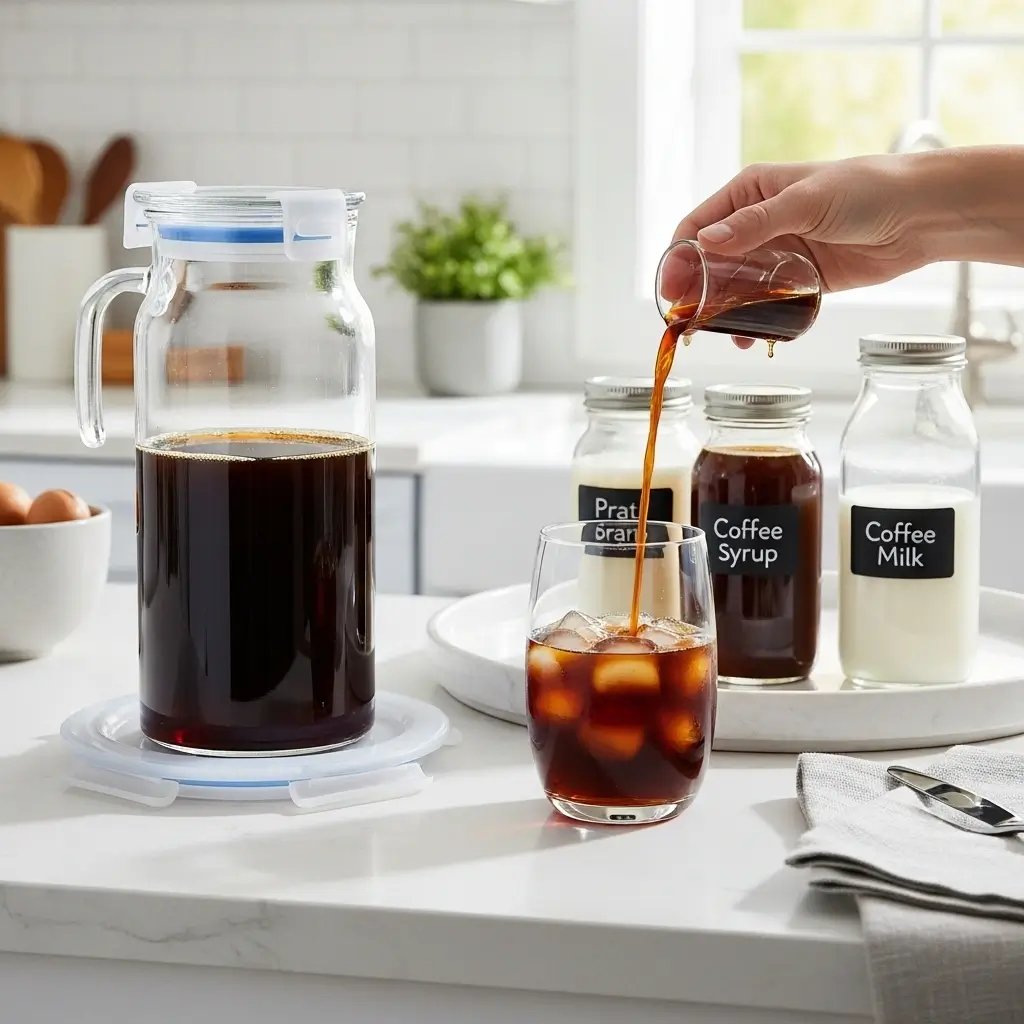 Iced coffee stored in a glass container, served in a glass with prep jars on kitchen counter