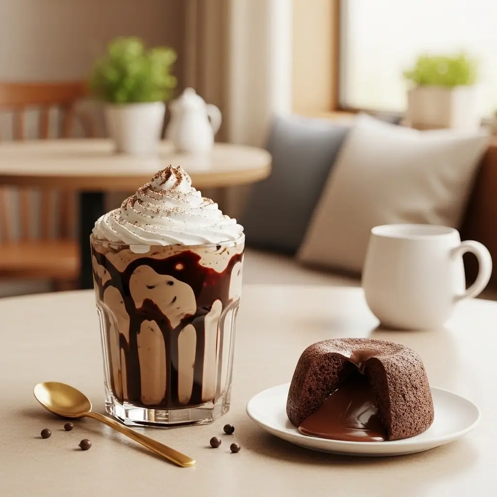 Lava cake iced coffee with chocolate drizzle and whipped cream beside a molten chocolate cake