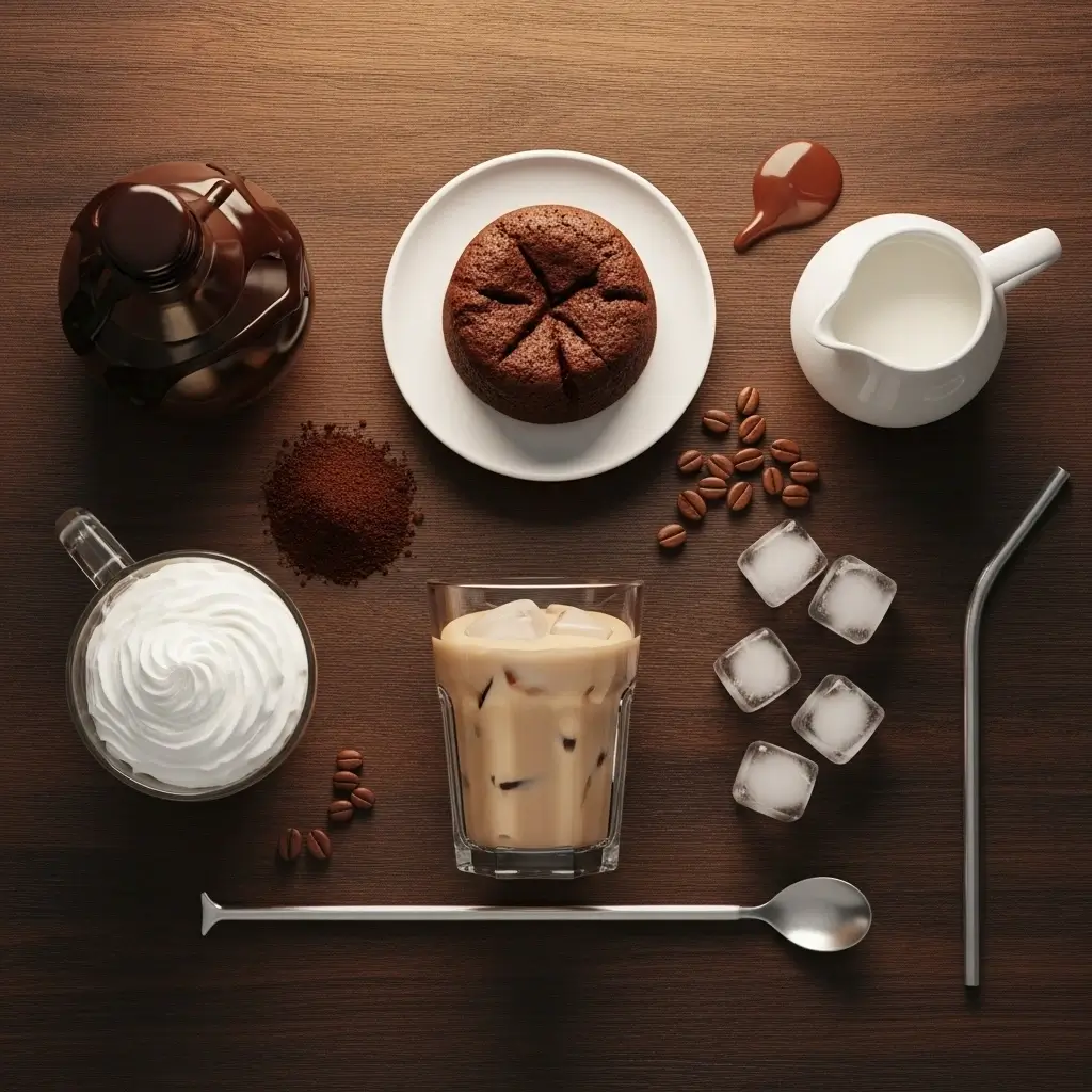 Flat lay of lava cake iced coffee ingredients and tools on a dark wooden surface