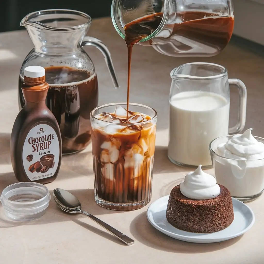 Step-by-step visuals of making lava cake iced coffee with chocolate syrup, whipped cream, and lava cake