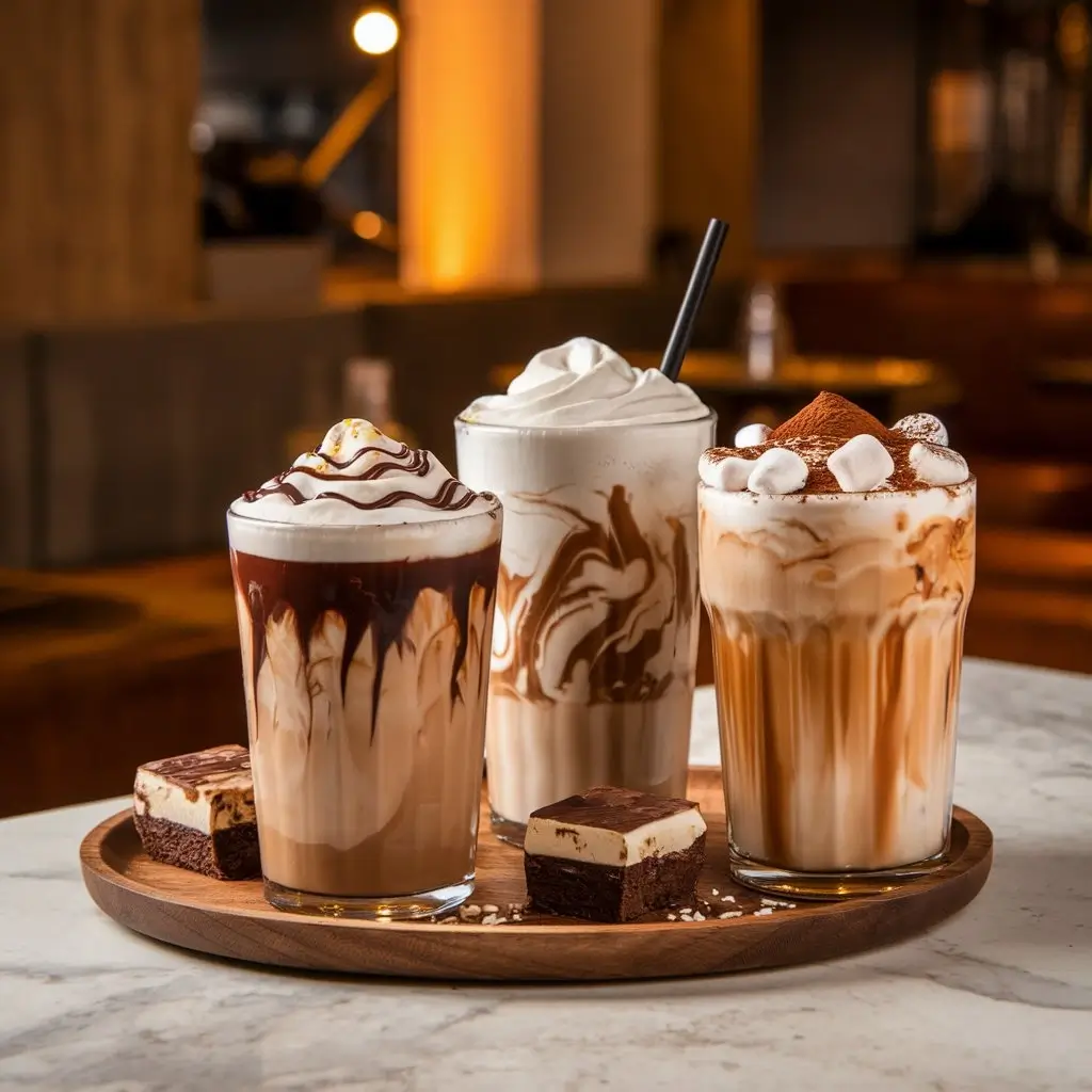 Three variations of lava cake iced coffee with chocolate, mocha, and marshmallow toppings