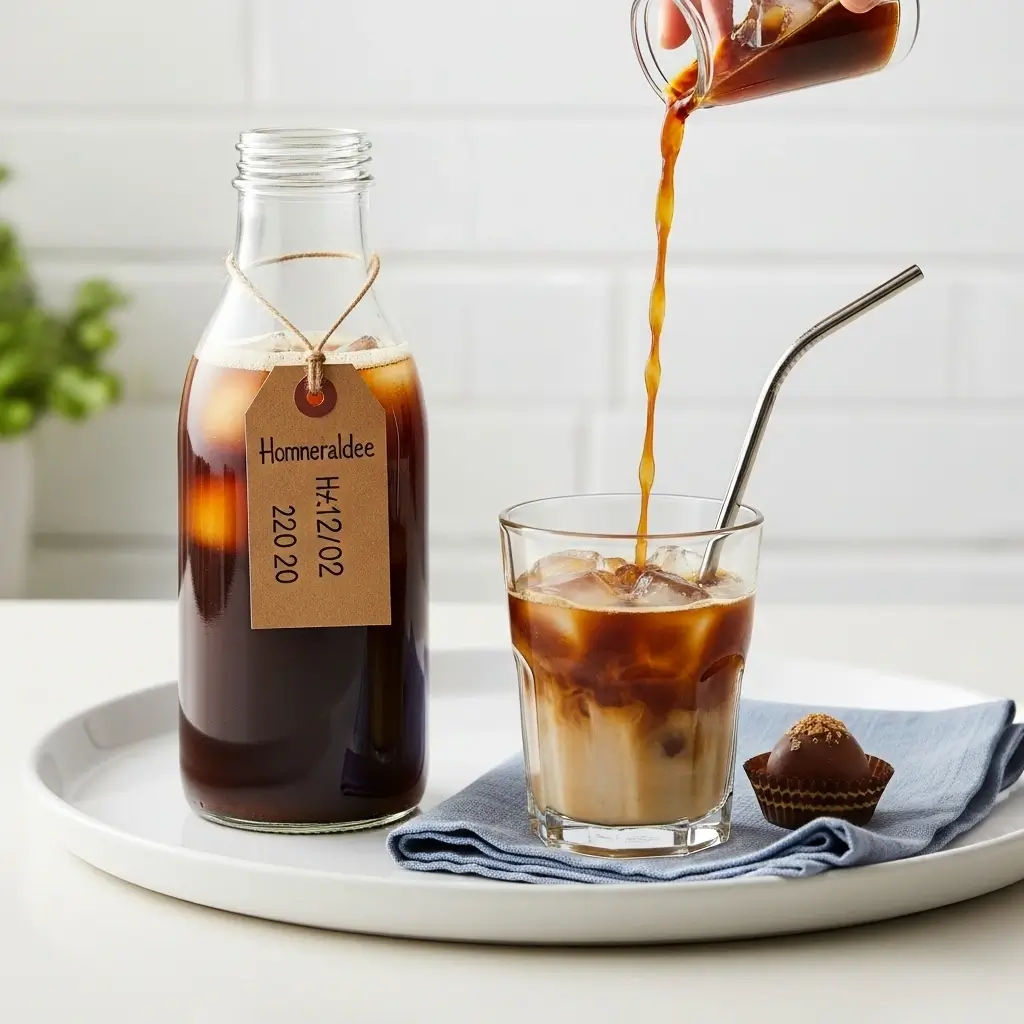 Homemade iced coffee stored in a glass bottle with serving setup on a kitchen counter