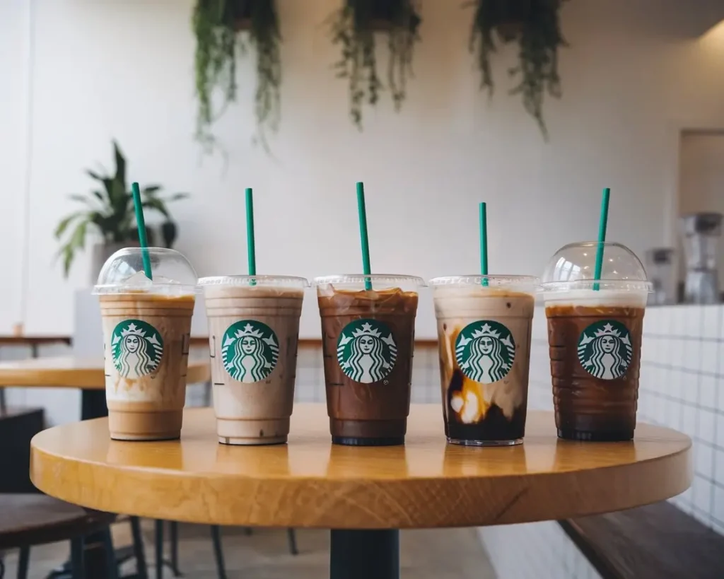 Five low calorie Starbucks iced coffees lined up on a café table in natural lighting