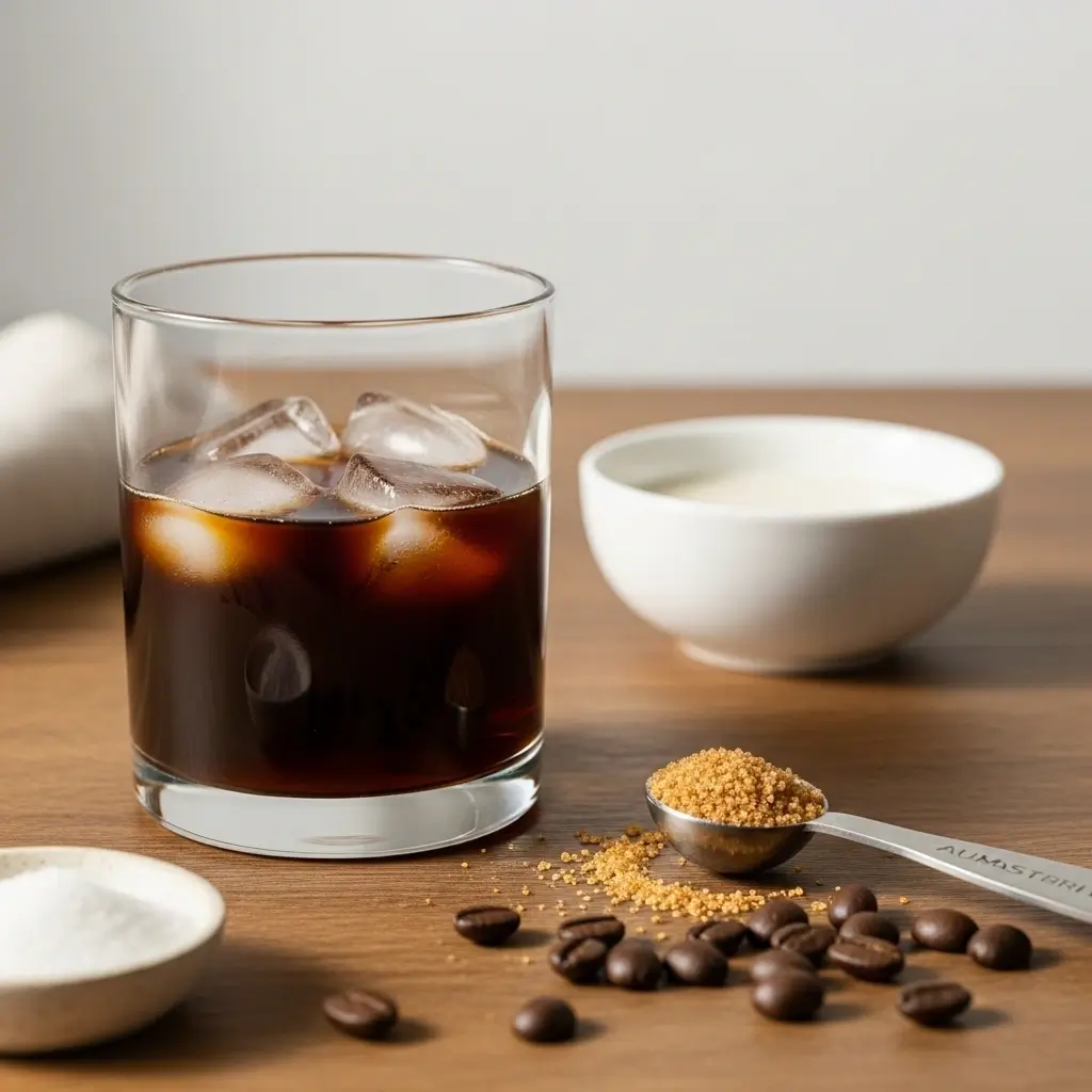 Close-up of low calorie iced coffee with ice cubes, sugar substitute, almond milk, and coffee beans