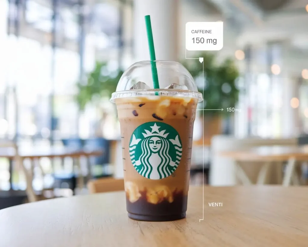 Venti Starbucks iced coffee cup with ice and infographic showing caffeine content