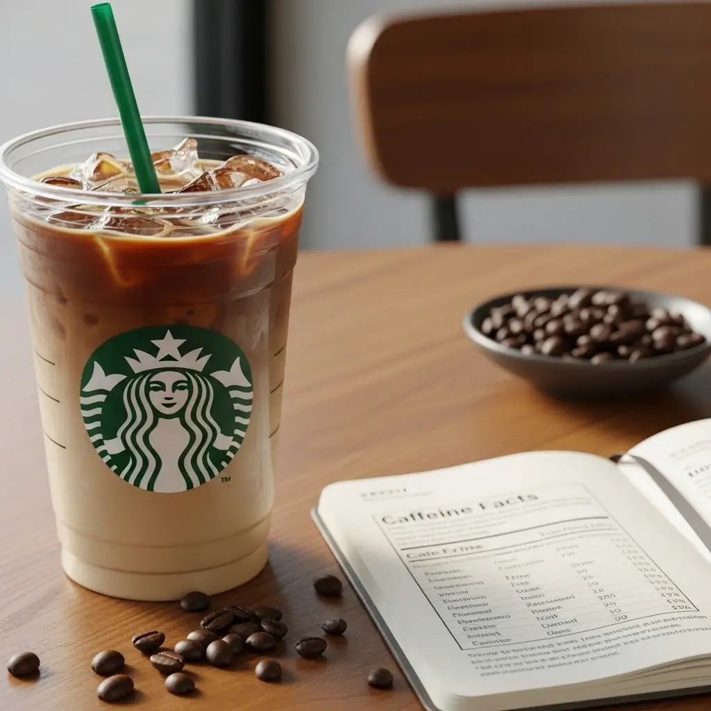 Venti Starbucks iced coffee with ice and coffee beans on table alongside notebook with caffeine information